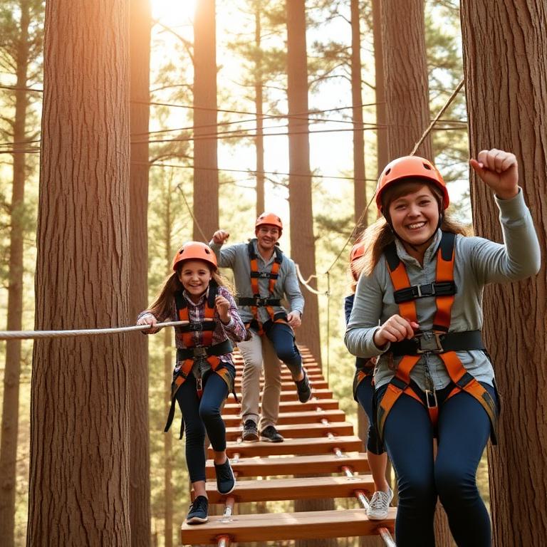 Familia con arneses en un circuito de aventura en los árboles